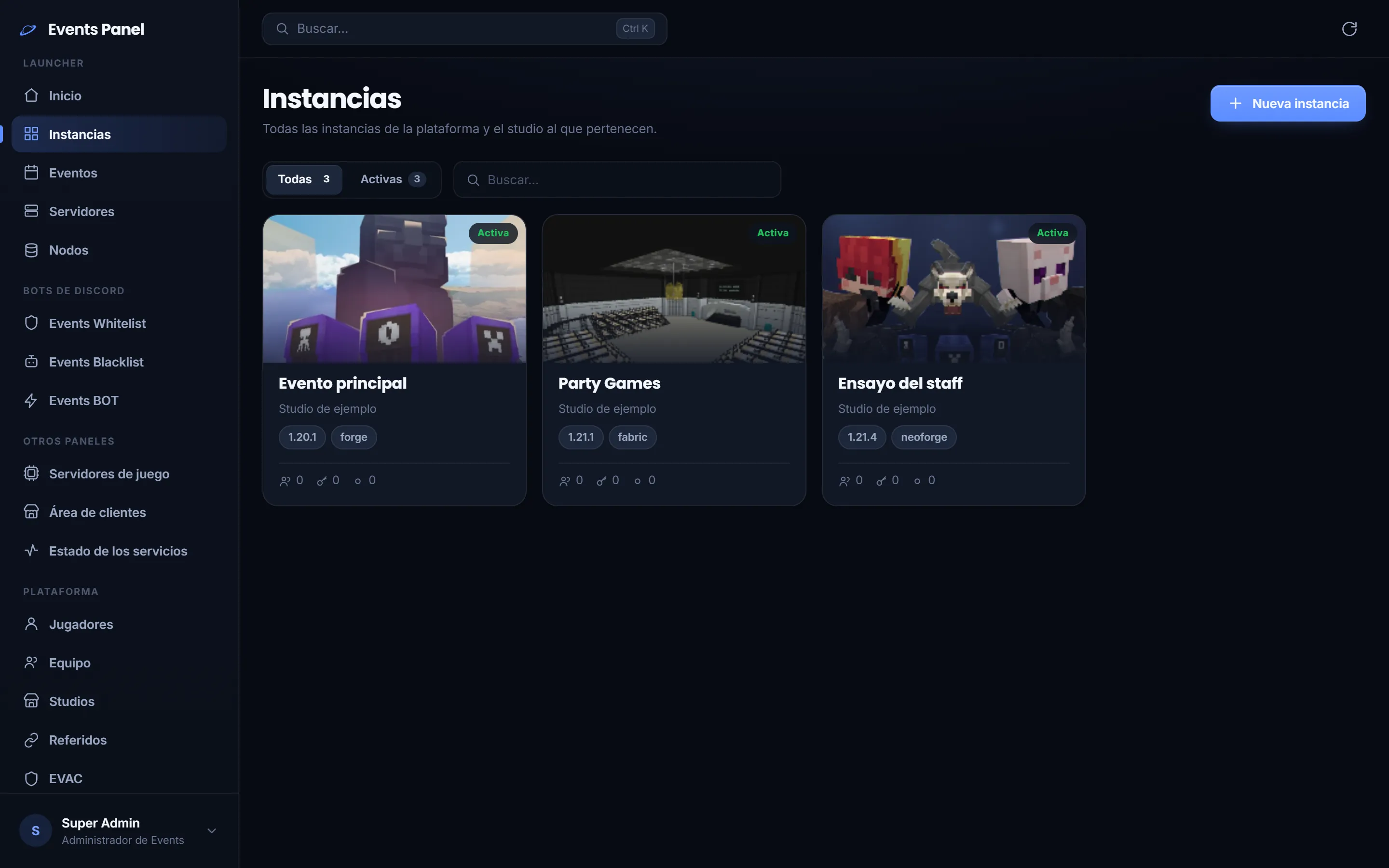 Panel de Events: instancias de un studio con su estado